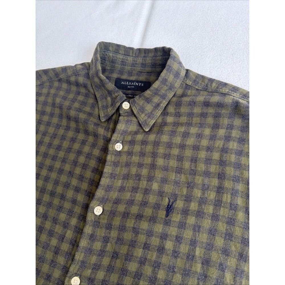 AllSaints Ryker LS Shirt Green Checkered Lightweight Flannel Small Relaxed Fit